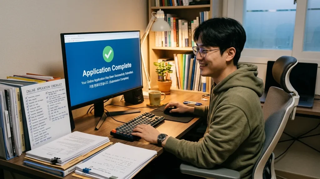 한국인 청년이 데스크탑 컴퓨터 앞에서 온라인 신청서를 작성하고, 주변에 체크리스트와 서류 더미가 놓여 있는 모습. 화면에는 '신청 완료' 메시지가 떠 있다.