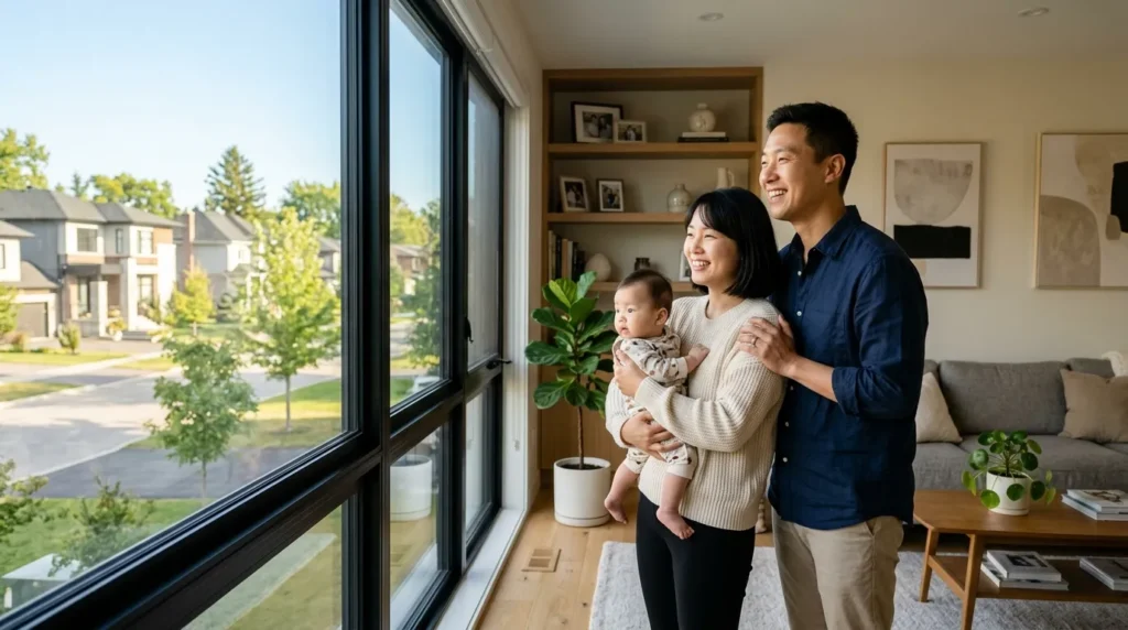 한국인 부부가 밝은 거실에서 아기를 안고 행복하게 웃으며 새 집의 창밖을 바라보는 모습, 현대적이고 따뜻한 인테리어 배경