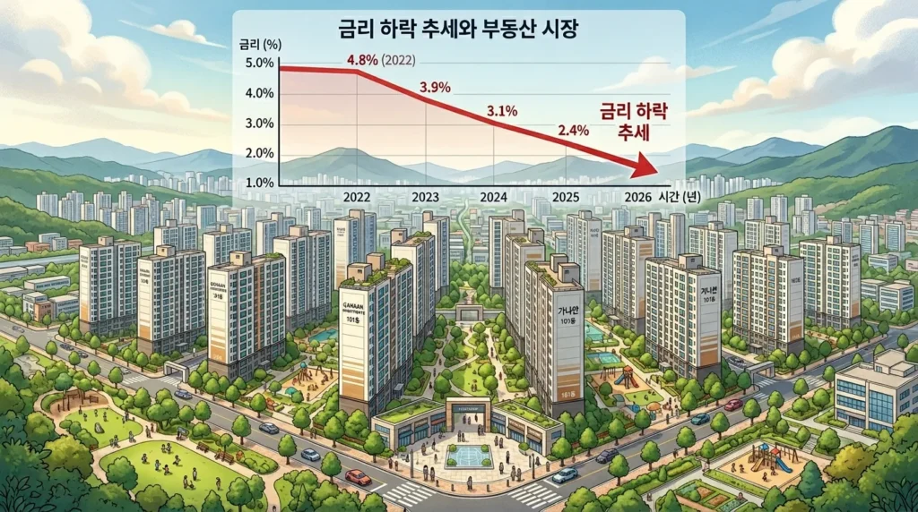 깔끔한 디자인의 한국 아파트 단지 전경과 그 위에 금리 하락을 상징하는 그래프가 겹쳐진 일러스트레이션