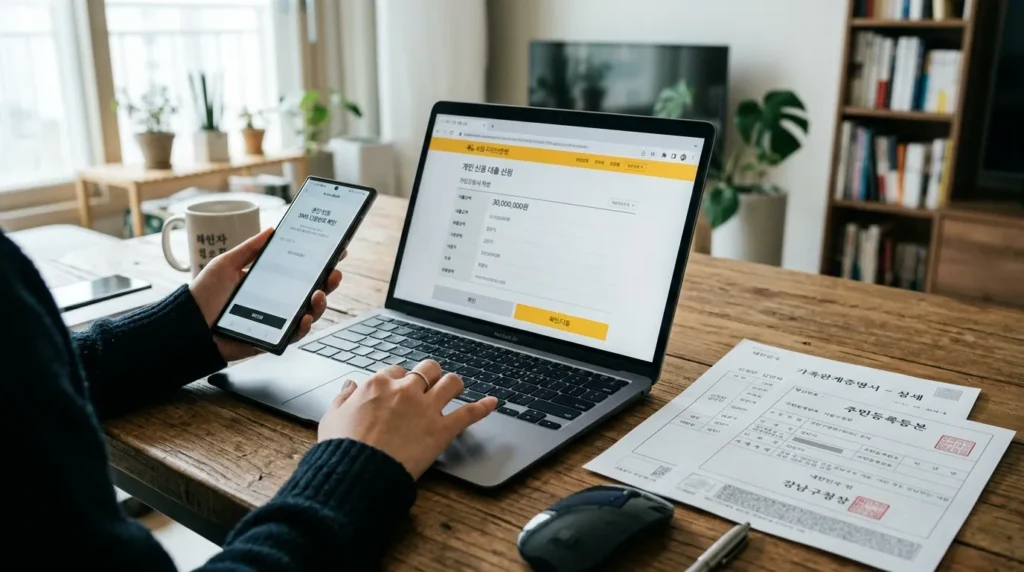 노트북과 스마트폰을 사용하여 온라인으로 대출을 신청하는 한국인의 손, 주변에 가족 관계 증명서와 등본이 놓여 있는 책상 모습