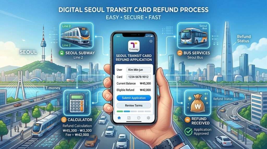 깔끔하고 현대적인 서울 도시 배경 위에 지하철, 버스, 계산기 아이콘으로 둘러싸인 스마트폰 화면에 교통카드 환불 신청서가 열려 있는 모습을 보여주는 전문적인 디지털 인포그래픽.