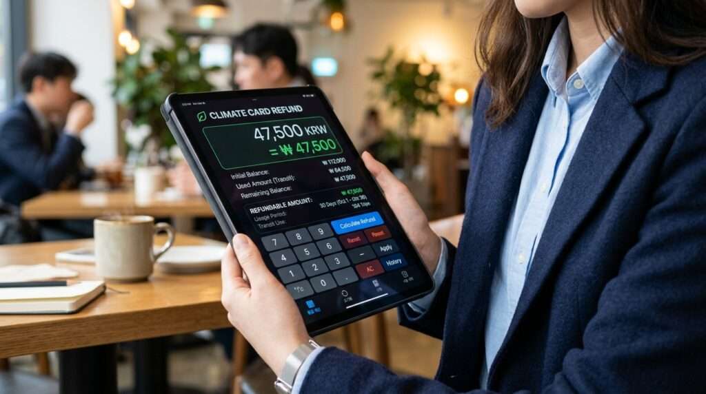 스마트 캐주얼 복장을 한 사람이 들고 있는 태블릿 화면에 '기후카드 환불' 금액이 원화 기호와 명확한 UI 버튼으로 계산되어 표시되는 첨단 디지털 계산기 인터페이스.