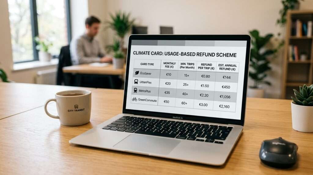은은한 사무실 조명 아래, 노트북 화면에 다양한 종류의 기후카드와 사용량에 따른 환불 금액을 비교한 깔끔하고 미니멀한 데이터 표가 표시되어 있다.