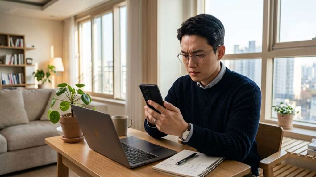밝고 현대적인 아파트에서 한국 직장인이 진지한 표정으로 스마트폰 화면을 보며 환불에 필요한 은행 보안 정보가 정확한지 확인하고 있다.