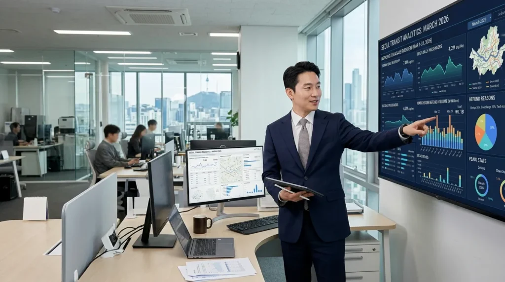 현대적인 사무실에서 근무하는 한국인 남성 전문 분석가가 2026년 3월 지하철 및 버스 이용 통계와 환불 현황 그래프가 표시된 디지털 대시보드를 가리키고 있다. 분석적이고 첨단 기술적인 분위기가 느껴진다.