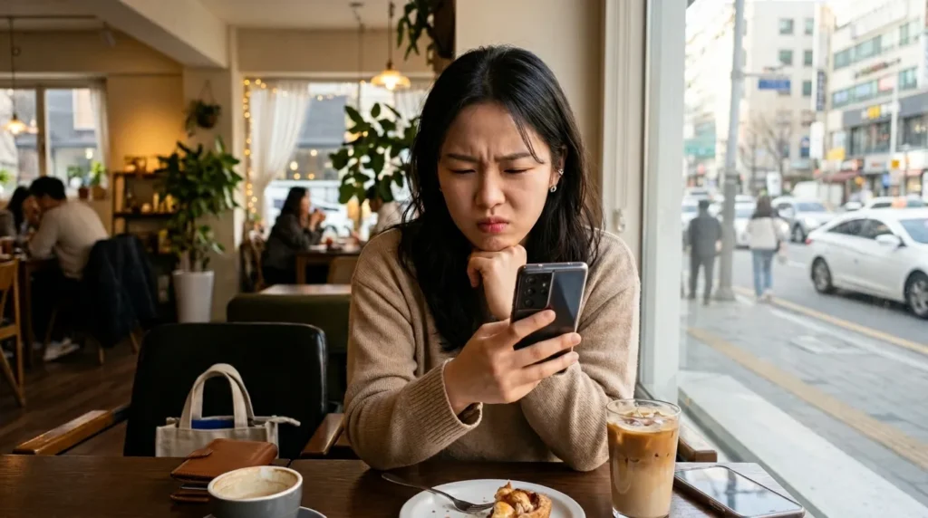 젊은 한국 여성이 스마트폰 화면을 보며 3월 대중교통 이용 내역을 확인하고 있다. 다소 혼란스러워 보이지만 집중하는 표정이다. 현대적인 카페 분위기다.