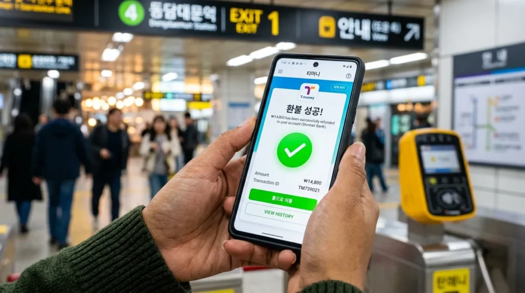 '티머니' 또는 '서울교통' 앱이 실행된 스마트폰을 손에 든 사람의 손이 클로즈업되어 있다. 앱 화면에는 '환불 성공'을 나타내는 초록색 체크 표시 또는 은행 정보 입력 버튼이 보인다. 선명한 색감이 돋보인다.