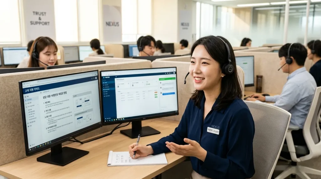 밝고 전문적인 콜센터에서 헤드셋을 착용한 친절한 한국인 고객 서비스 담당자가 모니터에 표시된 도움말을 보며 앉아 있다. 신뢰와 지원에 초점을 맞춘다.