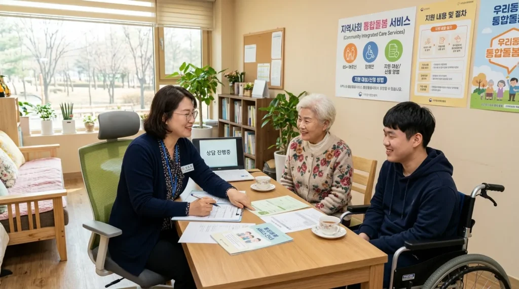 한국인 사회복지사가 노인 및 장애인을 대상으로 통합돌봄 서비스 신청 자격에 대해 친절하게 상담해주는 모습. 상담실은 밝고 편안한 분위기이며, 벽에는 서비스 대상 및 자격 요건이 설명된 포스터가 붙어 있다.
