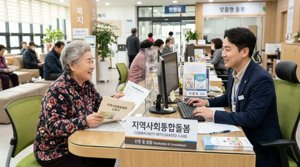 한국인 주민이 지역사회 통합돌봄 신청 서류를 들고 주민센터 상담 창구에서 공무원과 이야기하는 모습. 창구에는 '지역사회 통합돌봄'이라는 안내판이 붙어있고, 전반적으로 신뢰감 있고 효율적인 행정 처리 분위기를 보여준다.