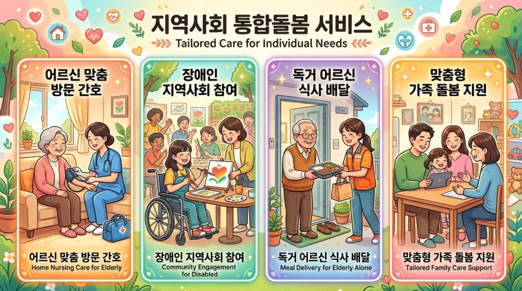 다양한 연령대의 한국인들이 각자의 상황에 맞는 통합돌봄 서비스를 받는 모습이 아이콘처럼 병렬로 배열된 이미지. (예: 노인이 집에서 간호사에게 돌봄 받는 모습, 장애인이 휠체어를 타고 지역사회 활동에 참여하는 모습, 독거노인이 식사 배달 받는 모습). 다채롭고 활기찬 분위기.