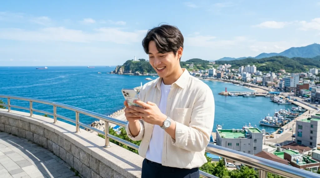 한 한국인 청년이 동해시의 푸른 바다를 배경으로 환하게 웃으며 스마트폰으로 무언가를 검색하고 있는 모습. 도시와 자연이 조화로운 배경에 청년의 희망찬 미래가 겹쳐 보인다.