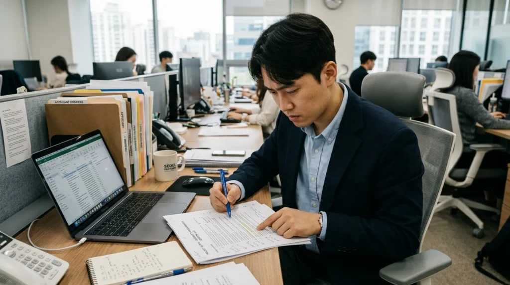 꼼꼼하게 서류를 검토하는 한국인 청년의 모습. 주변에는 서류 뭉치와 노트북이 놓여있고, 진지한 표정으로 신청 자격 요건을 확인하는 데 집중하고 있다.