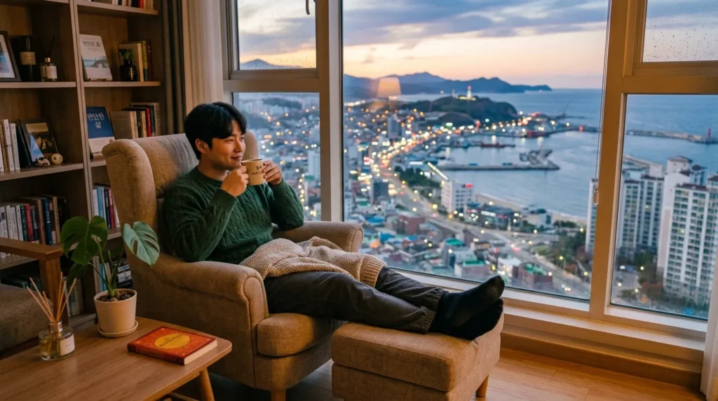 동해시의 아파트 창문 너머로 활기찬 도시 풍경이 보이는 방 안에서 한 한국인 청년이 따뜻한 차를 마시며 편안하게 휴식하는 모습. 안정된 주거 환경이 주는 평온함이 강조된다.