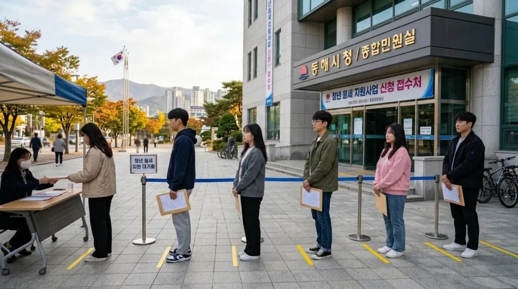 동해시의 공공기관 건물 앞에서 여러 한국인 청년들이 질서정연하게 줄을 서서 청년월세 지원 신청을 위해 기다리고 있는 모습. 각자의 손에는 서류 봉투가 들려있다.
