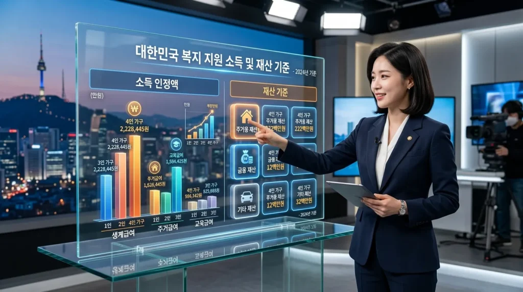 한국의 복지 지원 소득 및 자산 기준을 상세하게 보여주는 3D 차트입니다. 깔끔하고 현대적인 디자인의 차트 위에 정장을 입은 한국인 상담사가 투명 유리 스크린의 주요 데이터를 가리키고 있습니다.