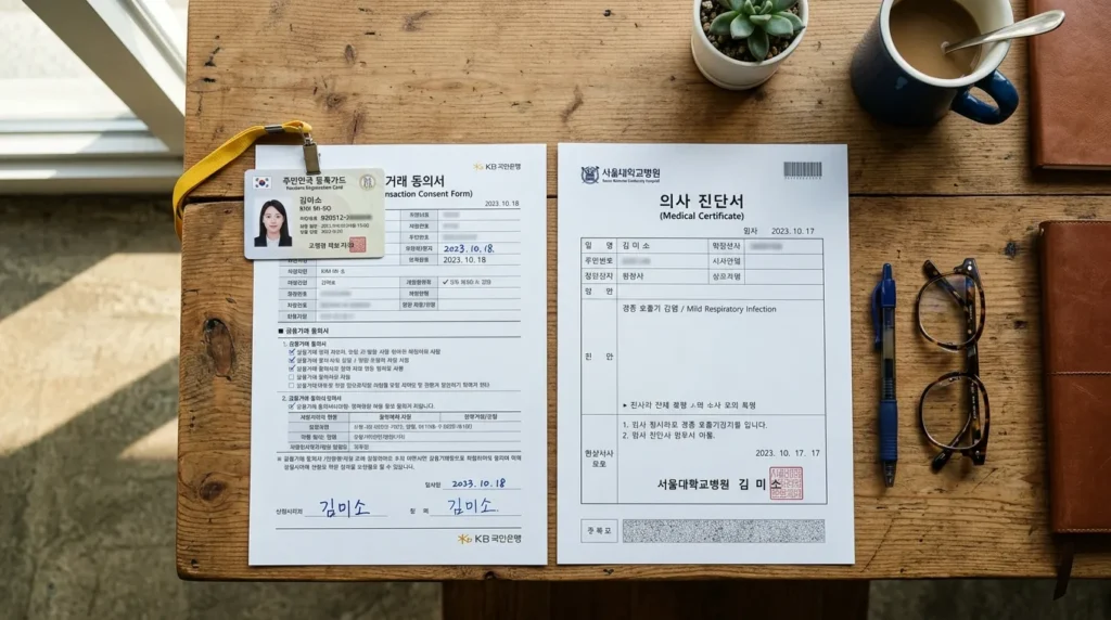 나무 책상 위에 정리된 서류들이 놓여 있습니다. 한국 신분증, 재정 동의서, 진단서 등이 보이고, 펜과 안경이 옆에 가지런히 놓여 있습니다. 밝고 자연스러운 조명이 비춥니다.