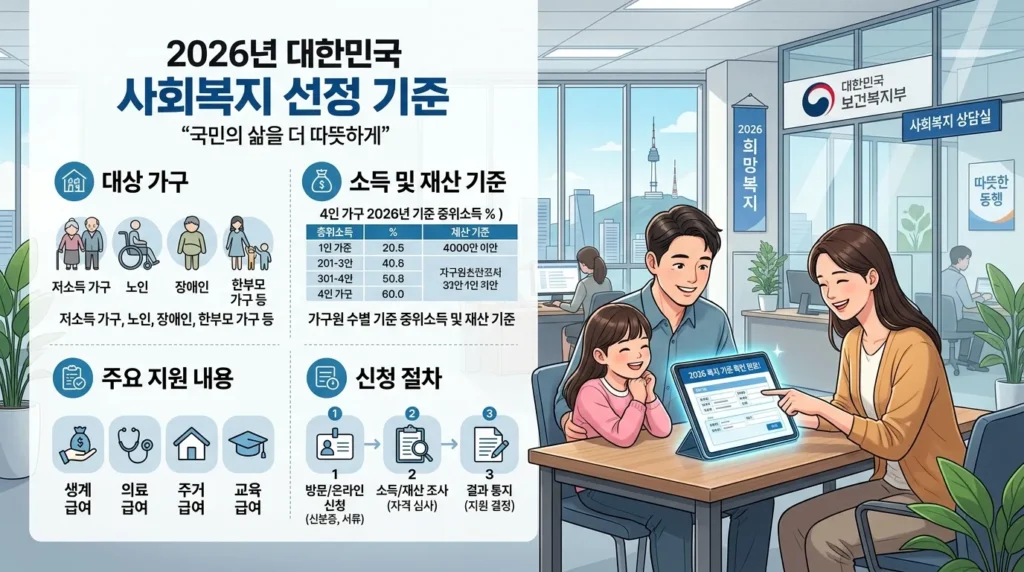 2026년 한국 사회복지 수급 기준을 보여주는 전문적인 인포그래픽입니다. 디지털 태블릿으로 관련 서류를 검토하는 한국 가족의 모습이 희망에 찬 표정으로 담겨 있습니다. 배경은 깔끔하고 현대적인 관공서 사무실입니다.