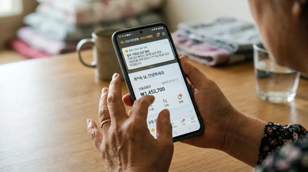 한국인의 손이 스마트폰을 들고 있는 모습이 클로즈업되어 있습니다. 스마트폰 화면에는 정부 복지 수당 입금 알림이 표시된 은행 앱이 실행되고 있습니다. 사용자 인터페이스는 깔끔하고 한국어로 되어 있습니다.