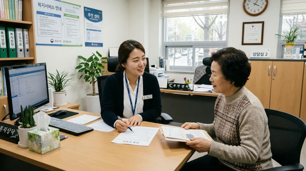 한국의 공공기관에서 진행되는 전문적인 상담 장면입니다. 사회복지사가 의뢰인에게 공감하며 서류 연장 절차를 설명하고 있습니다. 차분하고 정돈된 분위기입니다.