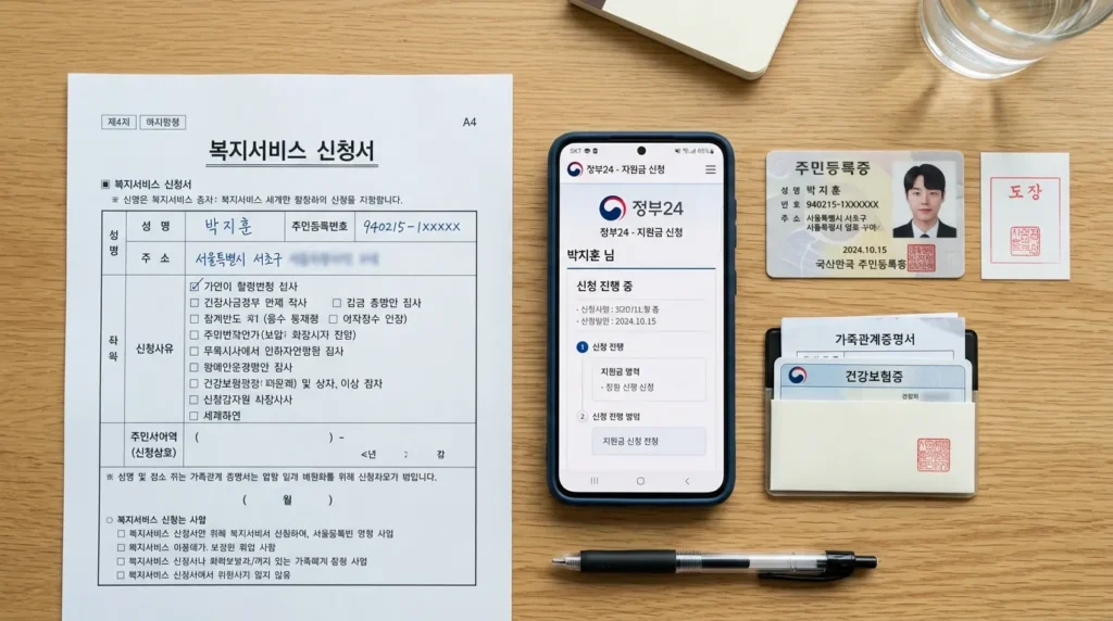 한국 정부 지원 신청에 필요한 주요 서류들을 펼쳐 놓은 사진입니다. 신분증, 신청서, 스마트폰 등이 포함되어 있습니다. 깔끔하고 초점이 잘 잡힌 구도입니다.