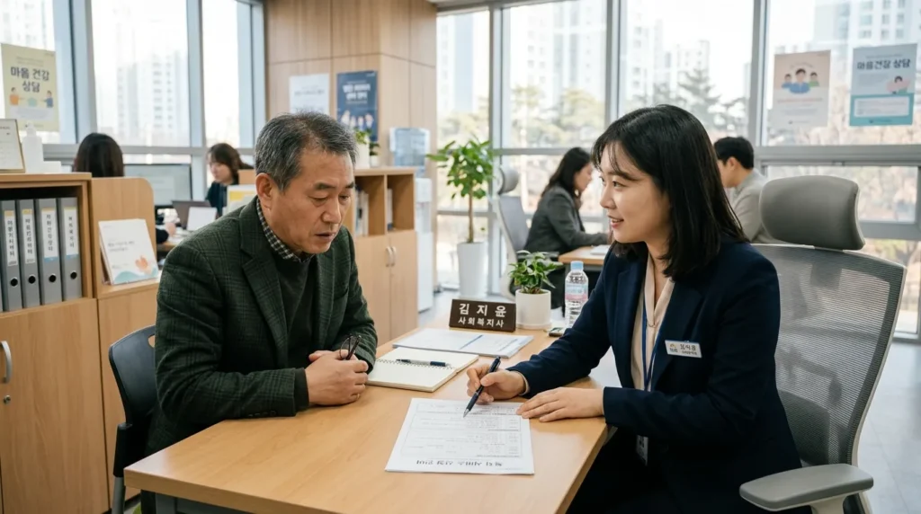밝고 현대적인 커뮤니티 센터 사무실에서 전문 사회복지사가 걱정스러운 표정의 중년 남성에게 서류를 설명하고 있다. 따뜻하고 유익한 분위기다.