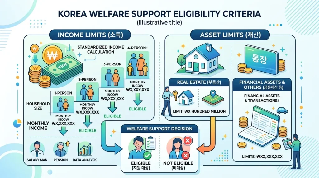 한국 화폐 단위, 집 모양 아이콘, 통장 등을 통해 복지 지원 소득 및 자산 한도를 보여주는 깔끔한 인포그래픽 스타일의 일러스트. 높은 명료도와 전문적인 디자인이 돋보인다.