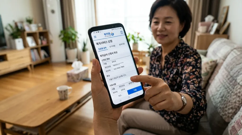 한국의 주거 환경에서 한 사람이 들고 있는 스마트폰 화면에 복지 신청 앱 '복지로'의 인터페이스가 표시되어 있다. 손에 들고 있는 모습이 사실적으로 보인다.