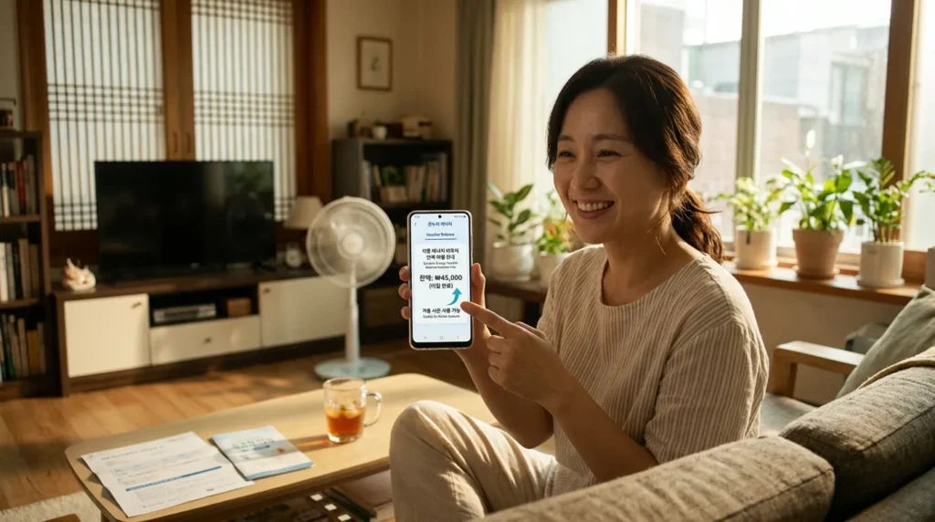 하절기 에너지바우처 잔액의 동절기 이월 규정 - 따뜻한 햇살이 비치는 여름 거실에서 한국인 여성이 스마트폰 앱을 통해 에너지바우처 잔액이 동절기로 합산되는 것을 확인하며 미소 짓는 모습