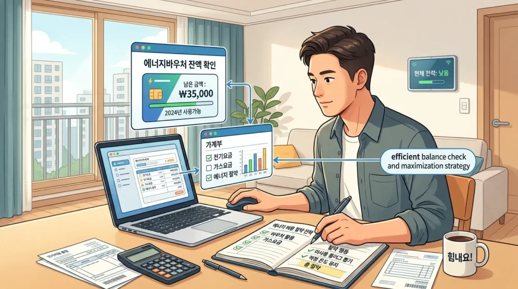 에너지바우처 정산 시기와 미사용 금액의 소멸 주의사항 - 정산 보고서를 검토하는 안경 쓴 한국인 전문가의 손과 '환수' 및 '소멸'이라는 단어가 강조된 공문서의 모습