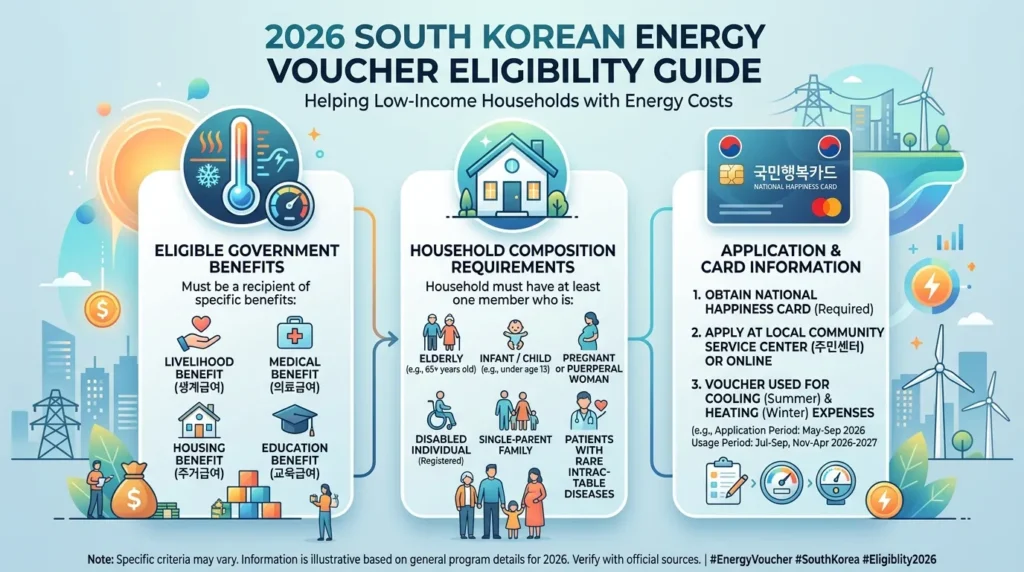 2026년 한국 에너지 바우처 사용 자격 기준을 보여주는 전문적인 인포그래픽으로, 집, 온도계, 국민행복카드 아이콘을 사용하여 깔끔하고 현대적인 레이아웃으로 디자인되었습니다.