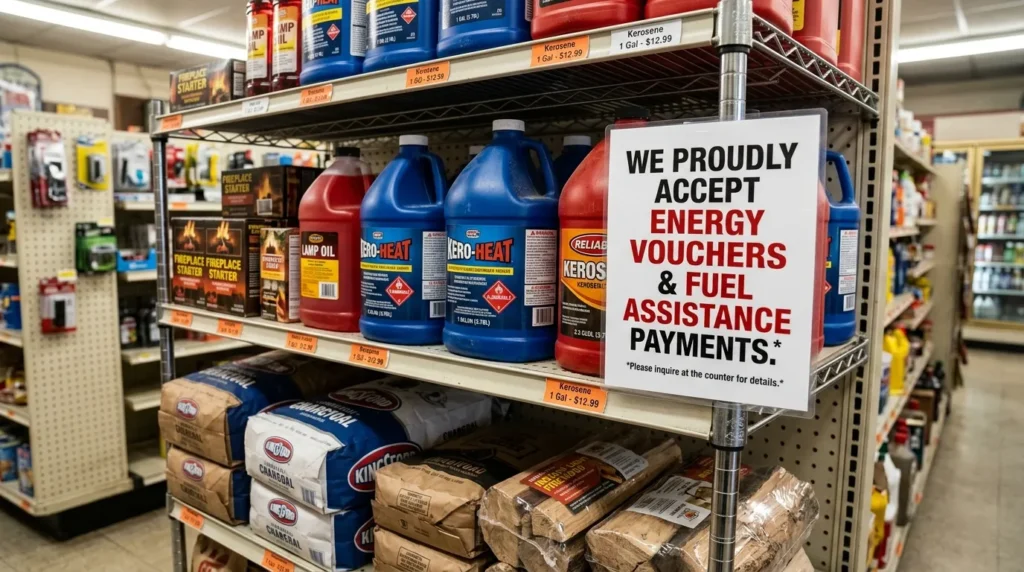 에너지 바우처 사용 가능 여부를 나타내는 표지판이 명확하게 표시된 편의점 선반의 클로즈업 사진입니다. 등유 용기와 연탄 등 난방 연료가 진열되어 있습니다.