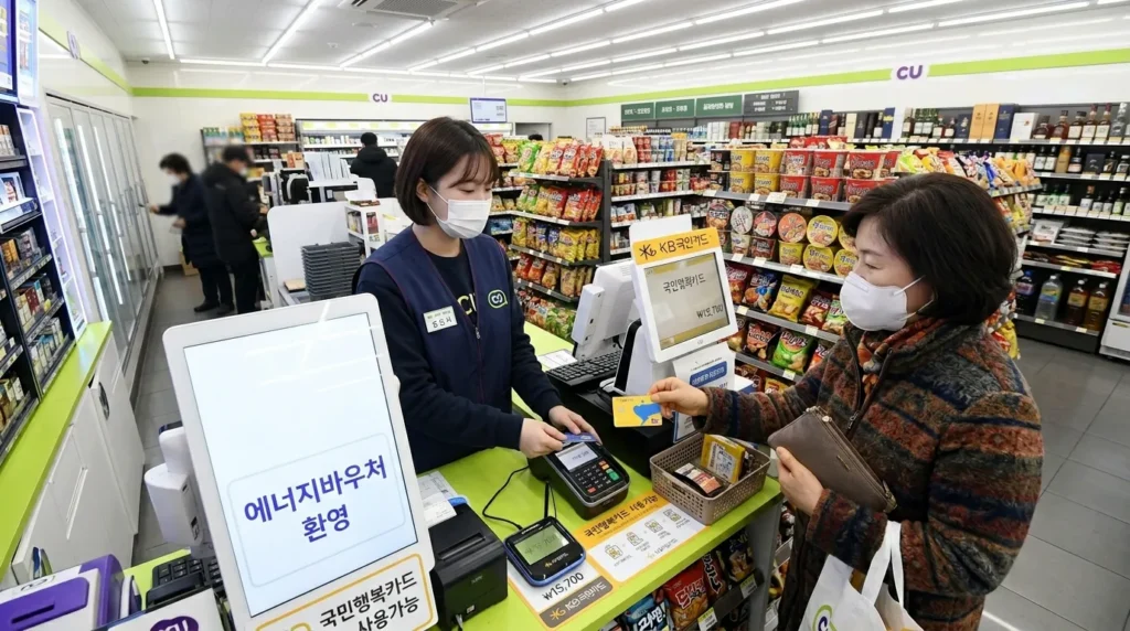 파란색 조끼를 입은 점원이 '에너지 바우처 환영합니다'라는 한국어 표지판과 함께 고객의 국민행복카드로 결제하는 한국 편의점 계산대의 전경입니다.