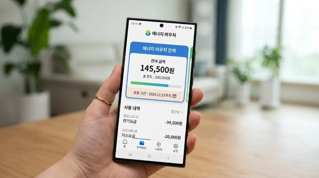 파란색 조끼를 입은 점원이 '에너지 바우처 환영합니다'라는 한국어 표지판과 함께 고객의 국민행복카드로 결제하는 한국 편의점 계산대의 전경입니다.