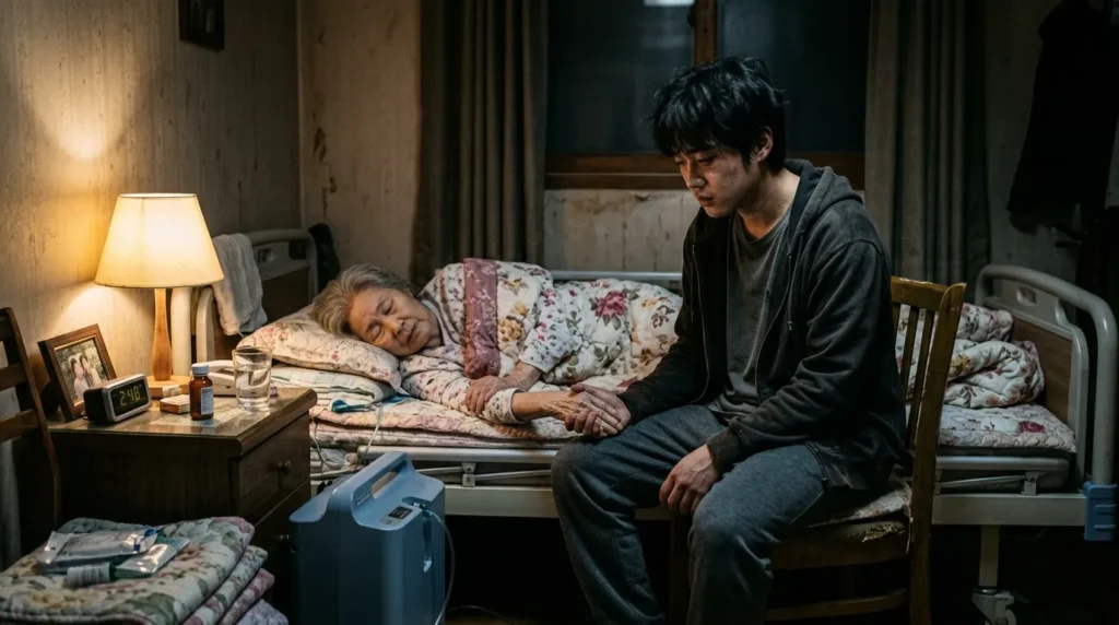 20대 초반의 피곤해 보이는 한국 청년이 어둑한 방에 홀로 앉아 침대에 누워 있는 연로한 가족의 손을 잡고 있다. 이는 가족을 부양해야 하는 부담을 상징한다. 분위기는 침울하지만 조용한 결의가 엿보인다.
