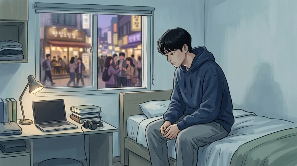 창밖으로 흐릿하게 보이는 사회 활동들을 배경으로, 작은 방에 고립된 한국 청년을 스타일리시하게 묘사한 그림은 외로움과 고립감을 강조한다. 방은 정돈되어 있지만 답답한 느낌을 자아낸다.