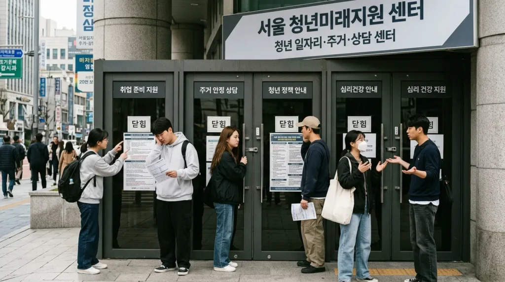다양한 한국 청년들이 닫힌 문들 앞에 서 있는 모습은 복잡한 기준이나 정보 부족으로 인해 기존 지원 프로그램에 접근하기 어려운 현실을 상징한다. 혼란과 좌절감이 느껴진다.