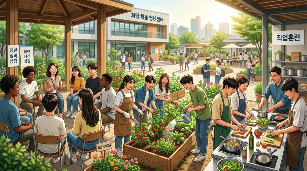 다양한 한국 청년들이 집단 상담, 직업 훈련, ​​공동 텃밭 가꾸기 등 다양한 사회·교육 활동에 참여하는 활기차고 희망찬 장면은 정부의 포괄적인 지원을 상징한다. 전체적으로 긍정적이고 통합적인 분위기를 보여준다.