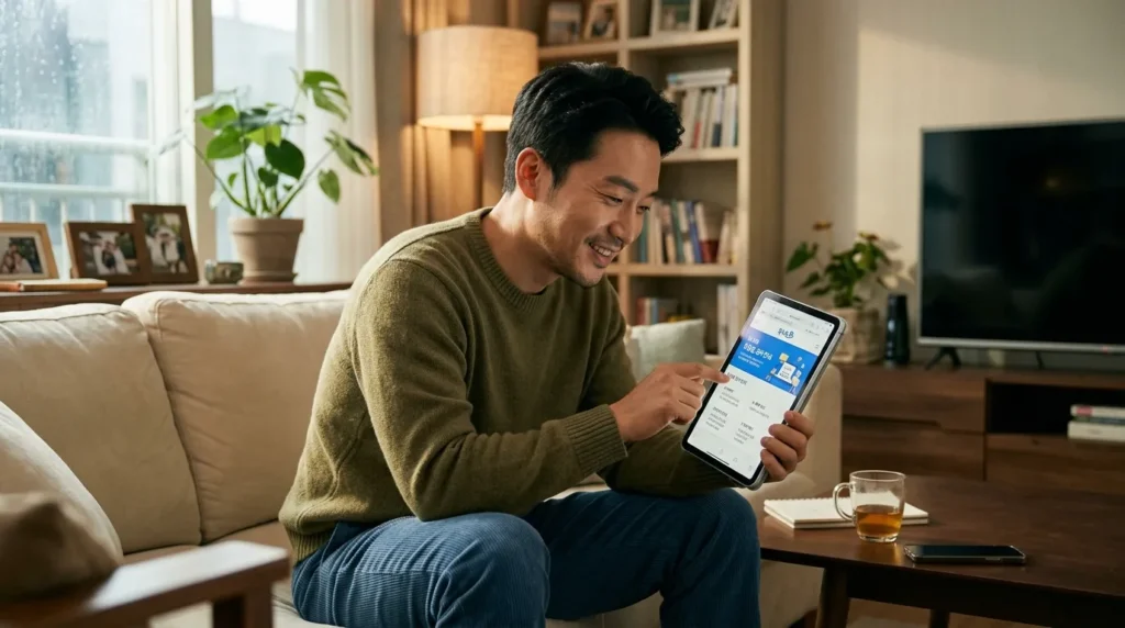 복지로 맞춤형 급여 안내 서비스의 이해와 활용 - 거실에서 태블릿 PC를 이용해 정부 복지 포털 사이트에 접속하여 자신의 혜택을 꼼꼼히 확인하고 있는 30대 한국인 남성의 모습