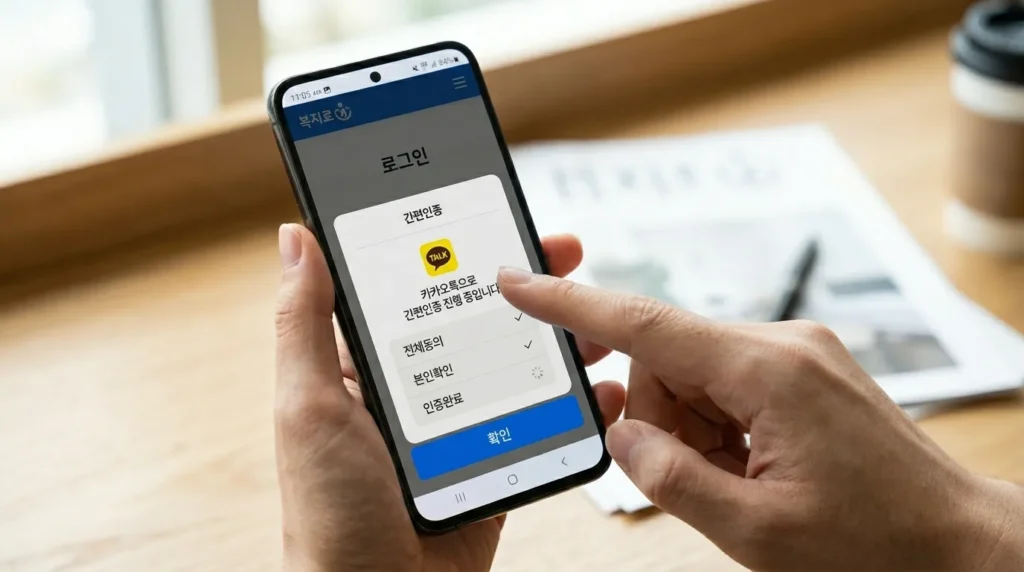 숨은 지원금을 찾기 위한 단계별 조회 절차 - 스마트폰 화면에 복지로 앱이 켜져 있고, 사용자가 간편 인증을 통해 로그인하는 과정을 근접 촬영한 고해상도 이미지