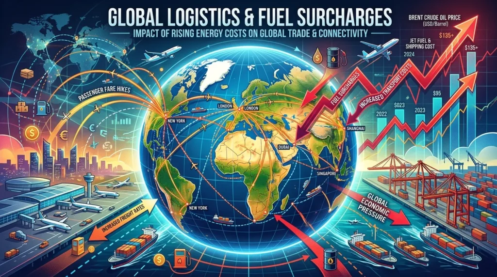 항공 및 해상 운송 경로가 교차하는 지구본 위에 상승하는 유가 그래프를 겹쳐 연료 할증료의 개념과 영향을 상징적으로 표현한 그림입니다. 이 그림은 세계적인 연결성과 경제적 압박을 보여줍니다.