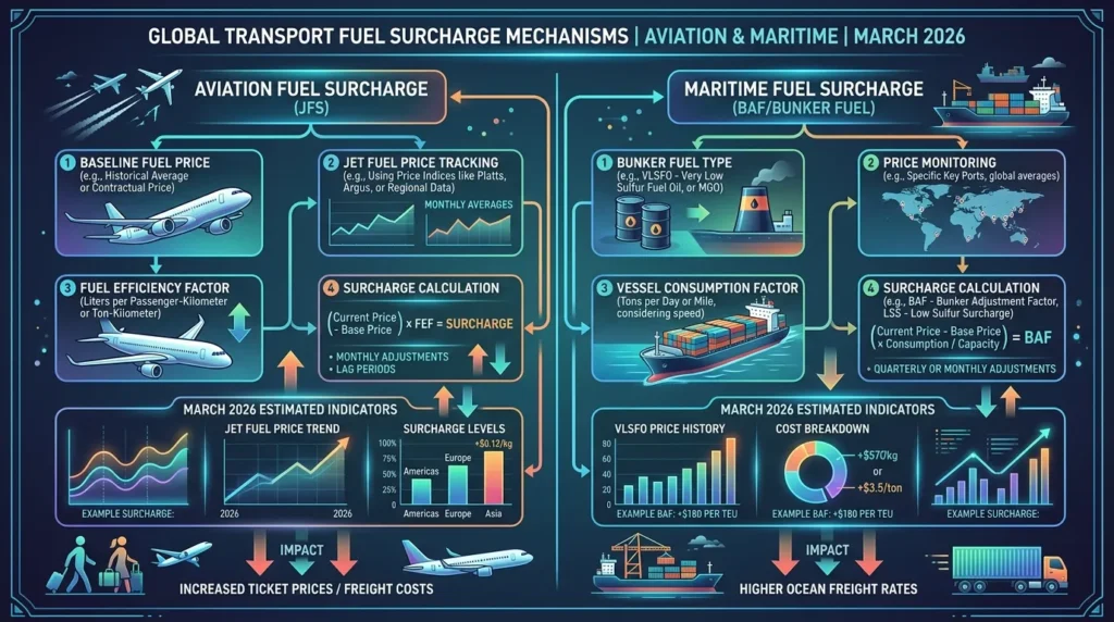 항공(제트 연료 가격, 월별 조정)과 해상(벙커 연료)에 대한 연료 할증료 계산 방식을 자세히 보여주는 인포그래픽입니다. 화살표는 가격 변동과 항공권/화물 가격에 미치는 영향을 나타냅니다. 인포그래픽에는 추상적인 차트와 지표를 사용하여 2026년 3월 기준 최신 데이터가 포함되어야 합니다.