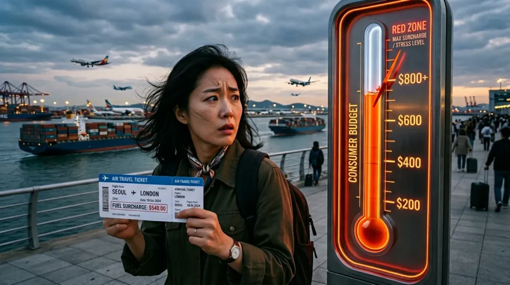 여행 티켓을 든 사람이 스트레스를 받는 표정으로 커다란 추상적인 연료 게이지가 빠르게 차오르는 모습을 시각적으로 표현한 그림입니다. 이는 연료 할증료가 소비자의 여행 예산에 미치는 영향을 나타냅니다. 배경에는 화물선과 비행기가 움직이며 관련 산업에 미치는 영향을 은유적으로 보여줍니다. 그림 속 인물은 30대 한국인입니다.