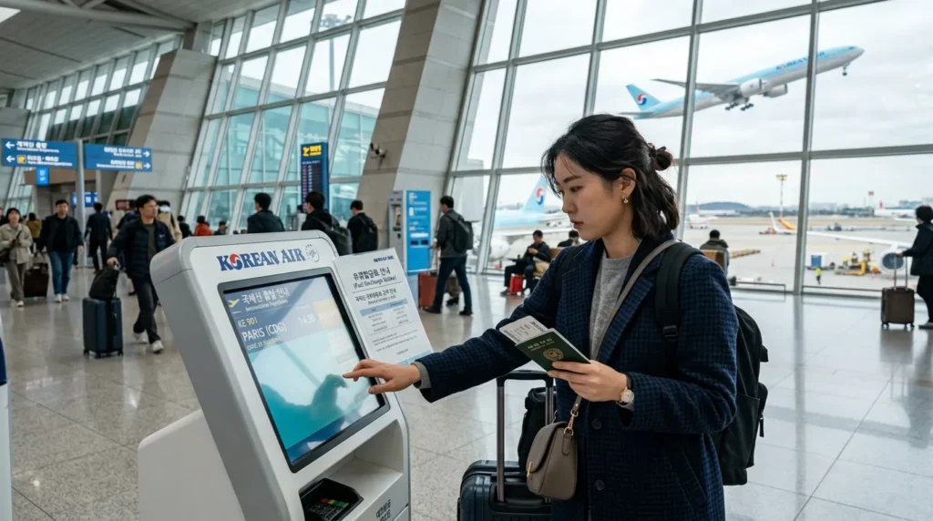 한국인 승객이 공항 키오스크 앞에서 항공권 정보를 확인하며 유류할증료 관련 안내를 읽고 있는 모습. 배경에는 비행기 이륙 모습이 보인다.