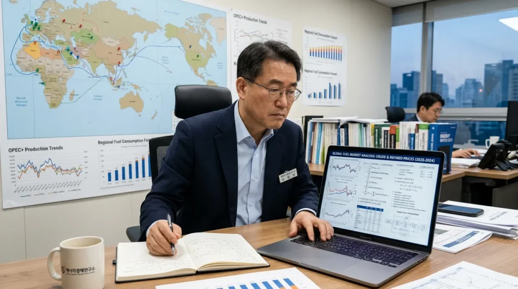 한국인 전문가가 노트북 화면에 복잡한 유류 가격 그래프와 계산식을 띄워놓고 심각하게 분석하는 모습. 주변에는 세계지도와 통계 차트가 보인다.