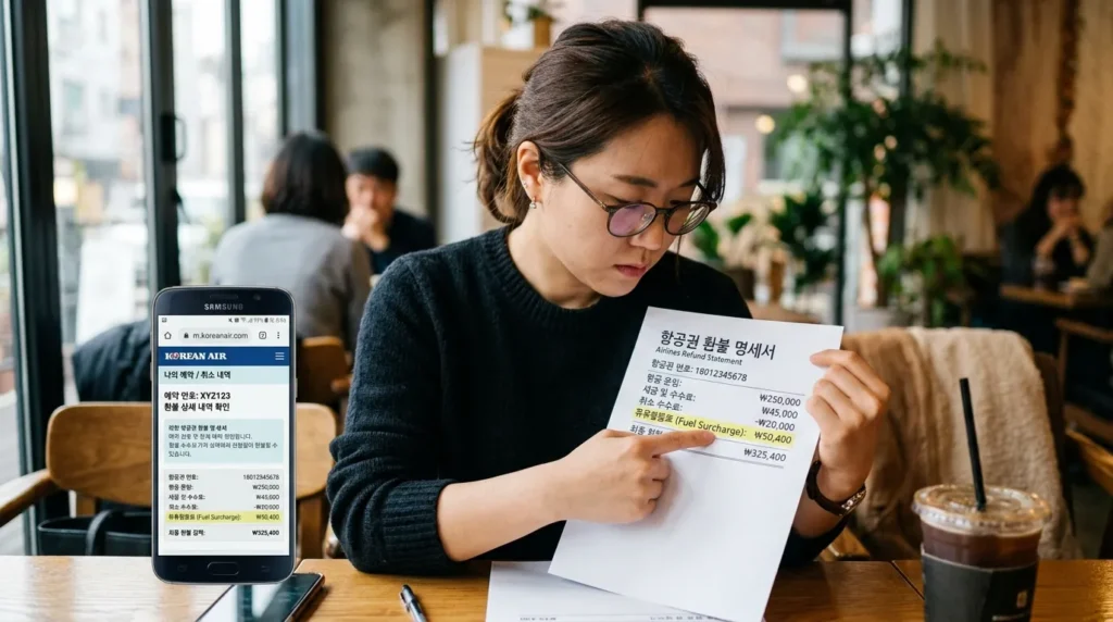 한국인 여성이 항공권 취소 후 환불 명세서를 꼼꼼히 검토하며, 유류할증료 항목을 확대해 보는 모습. 옆에는 휴대폰으로 항공사 웹사이트가 띄워져 있다.