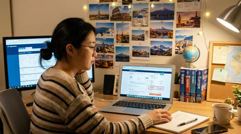 한국인 여행객이 항공권 예약 웹사이트를 신중하게 비교 분석하며, 유류할증료 항목에 마우스를 올리고 고민하는 모습. 뒤에는 여러 여행지 사진들이 보인다.