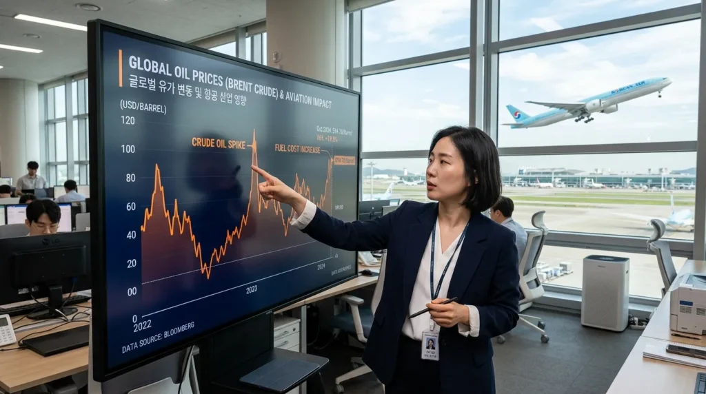 한국의 한 비즈니스 분석가가 변동하는 세계 유가 그래프가 표시된 디지털 화면을 가리키고 있다. 배경에는 상업용 항공기가 날아가고 있는데, 이는 항공 산업에 미치는 연료비의 영향을 상징적으로 보여준다.