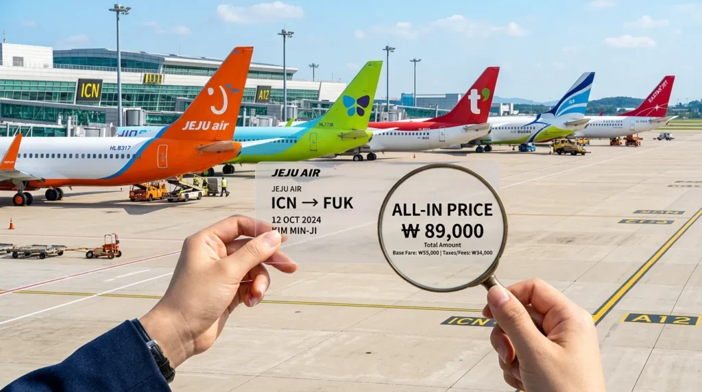 활주로에 여러 대의 한국 저가 항공사(LCC) 항공기가 줄지어 서 있는 생생한 이미지 속에서, 한 손이 투명한 항공권 위에 돋보기를 들고 있는 모습은 '총액' 가격 개념을 강조한다.