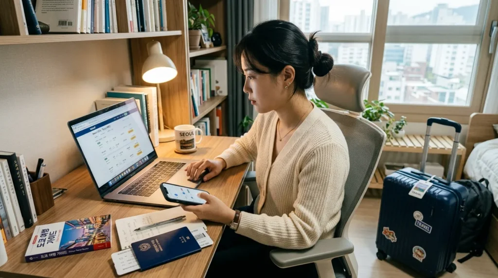 한 한국인이 책상에 앉아 노트북으로 항공권 가격을 꼼꼼히 비교하고 스마트폰으로 여행 날짜를 확인하고 있다. 여권, 작은 여행 가방, 여행 가이드 등 여행 필수품들이 주변에 놓여 있다.
